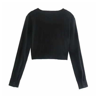 V-neck pleated breasted long sleeve short knit cardigan top  7401