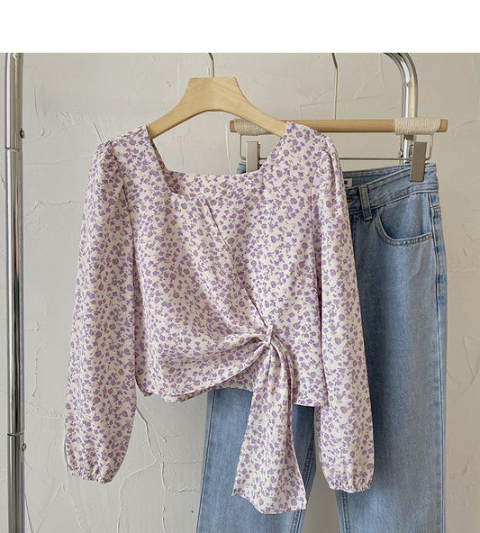 French Square Neck Long Sleeve Shirt shows thin and fashionable top  6437