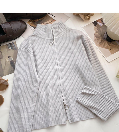 Slim fit short slim design zipper stand collar long sleeve top  6672