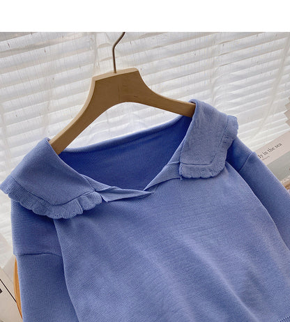 Lace Navy collar age reducing short sweater  6574