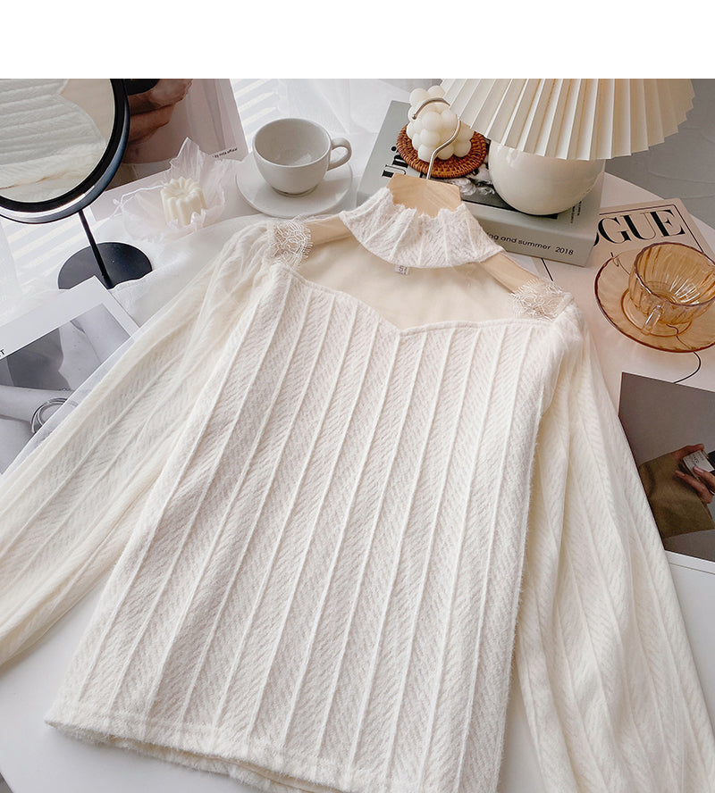 Design sense thickened lace bottomed shirt stand collar top  6361