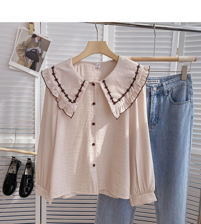Korean version of thin Hong Kong style retro art doll collar single breasted top  6402