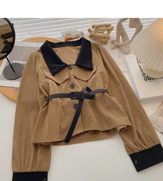 Vintage color matching Lapel long sleeve slim shirt with belt  6364