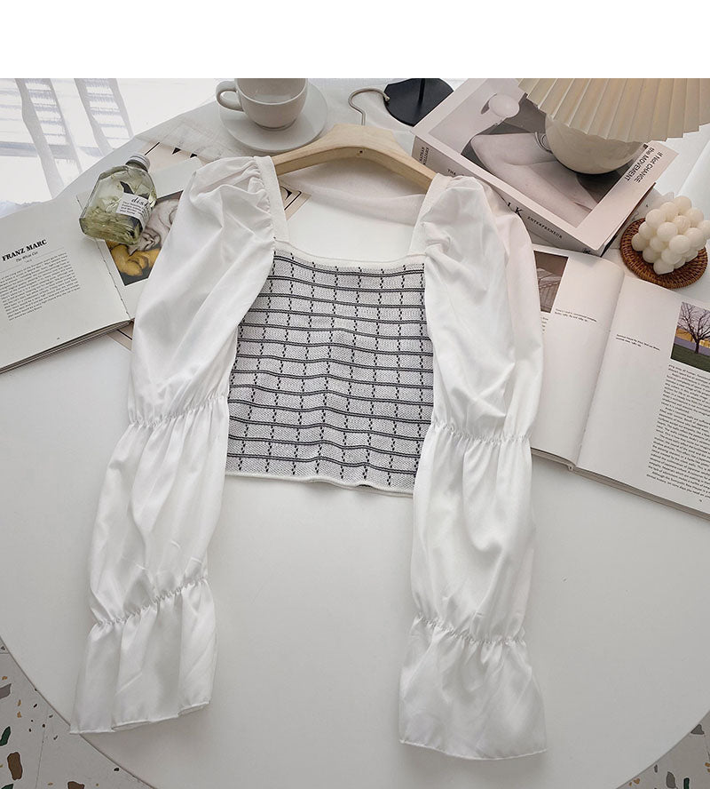 French bubble sleeve square neck Plaid top  6322