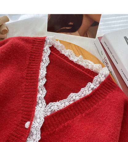 Korean lace V-Neck long sleeve design loose short top  6122
