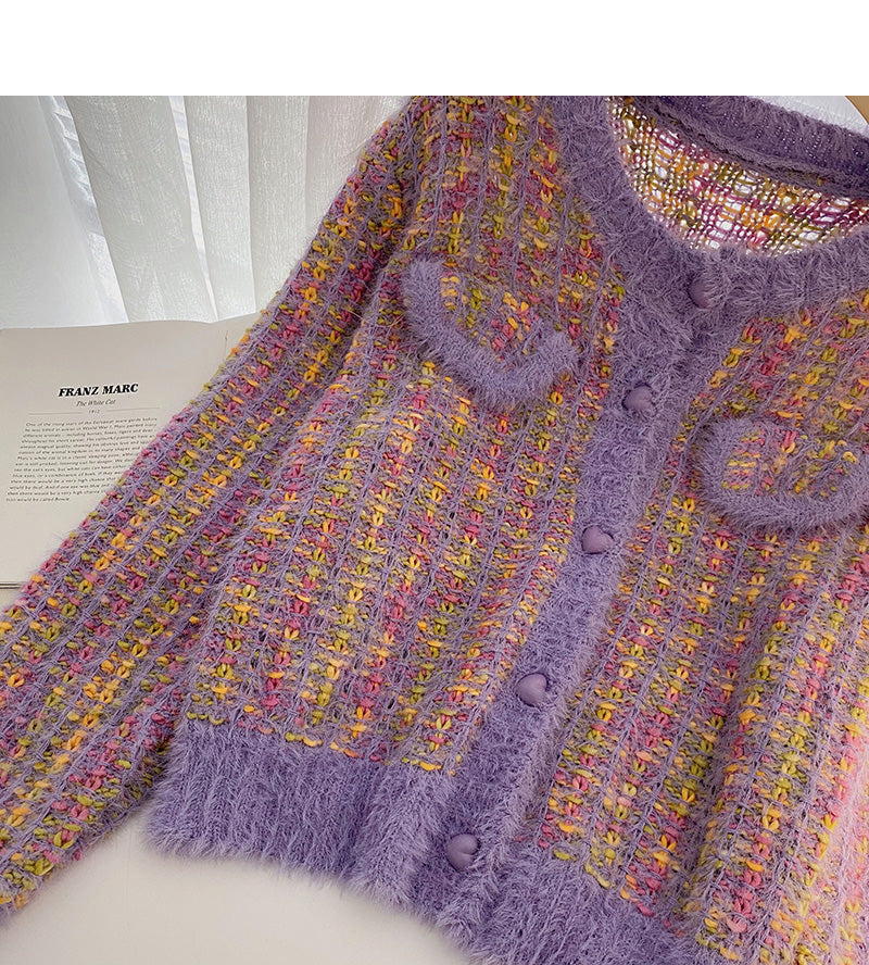 Small fragrance temperament color knitted long sleeve short top  5945