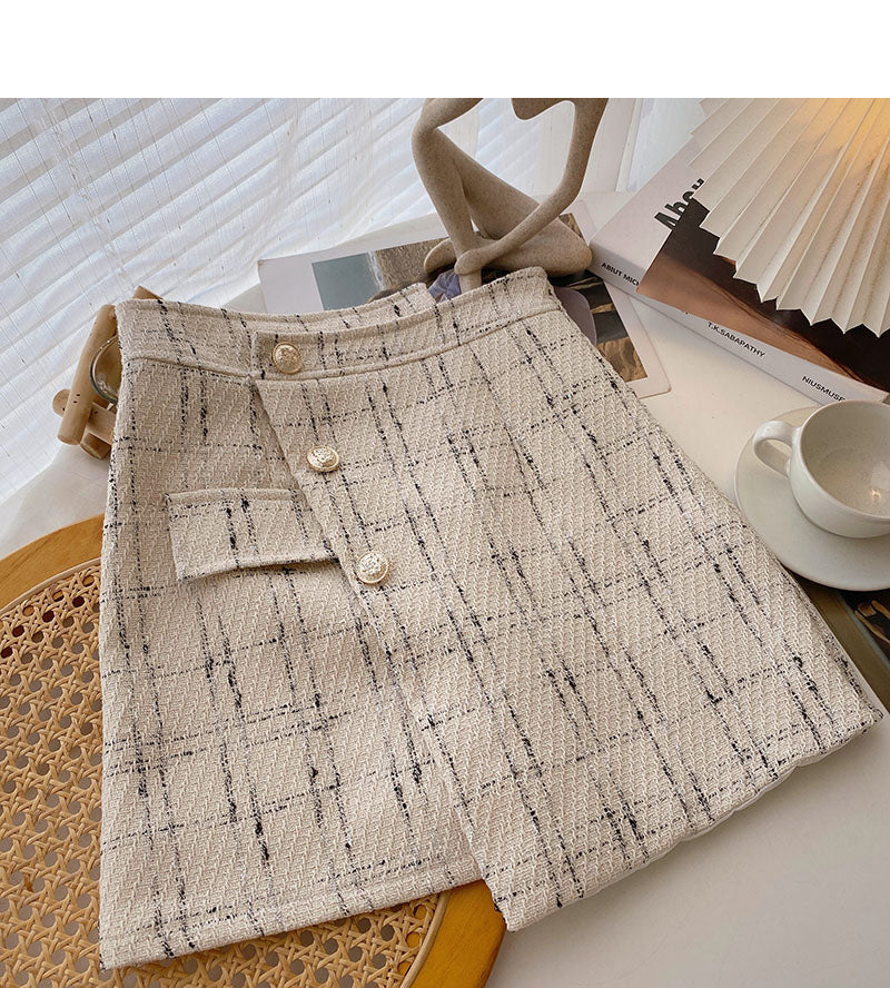 Irregular design high waist single breasted A-line slim plaid skirt  5582