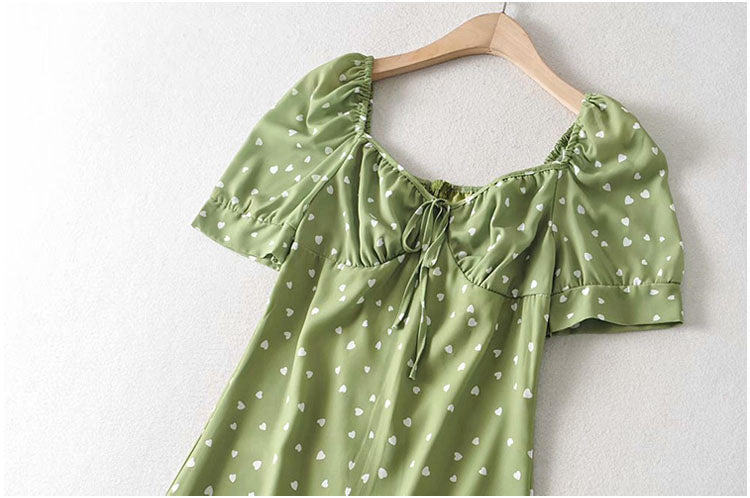 Retro small fresh bow bubble sleeve slim dress  7100