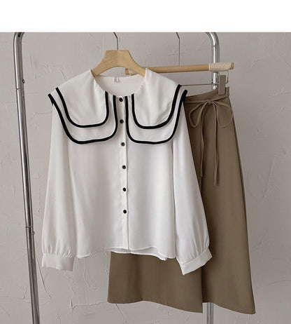 Navy collar slim Vintage Long Sleeve Shirt  6419