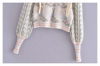 Vintage jacquard sweater women's bubble sleeve sweater  7165