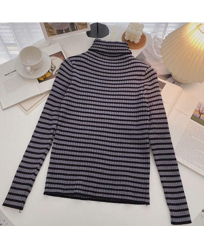 High neck stripe bottomed long sleeve top popular sweater  6652