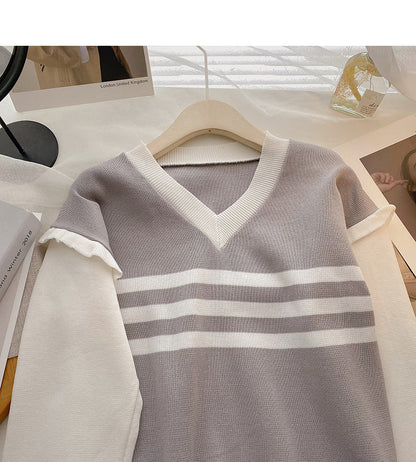 Striped V-neck color blocking long sleeve T-shirt  6615