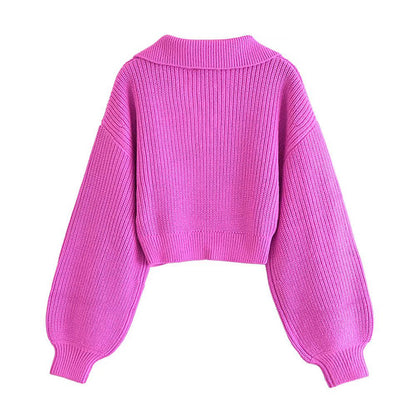 Lapel V-neck Lantern Sleeve Sweater Vintage short sweater  7349