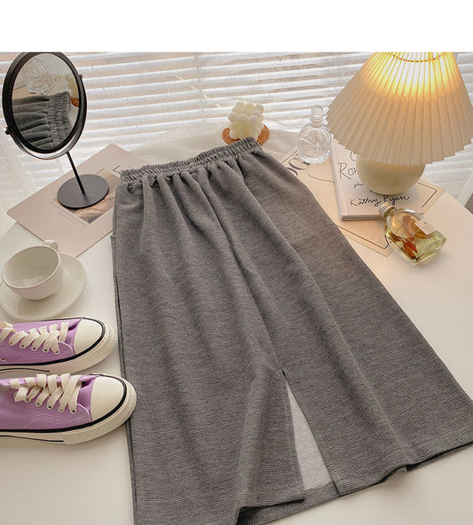 High waist elastic split A-line medium length skirt  5724