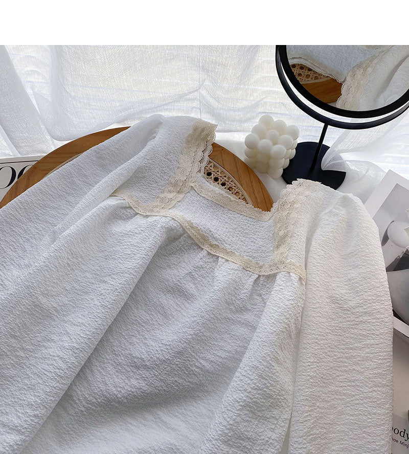 Design sense Vintage Lace Edge square neck thin shirt  6274