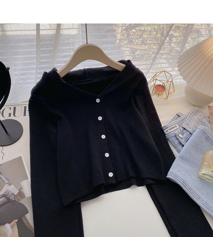 Design sense knitwear coat shows thin leisure hooded long sleeved top  6687