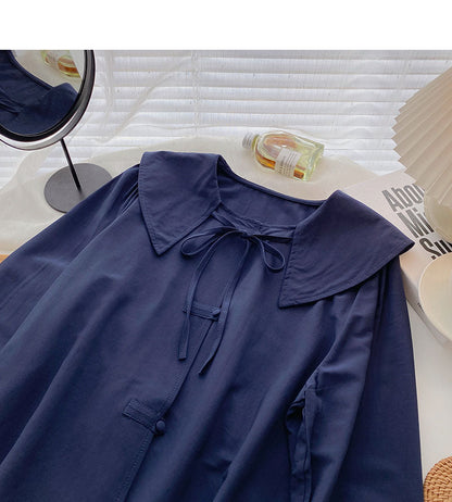 Niche design Lapel bandage long sleeve loose thin top  6276
