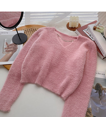 Korean version sweet and fresh small V-neck chain short top  5978