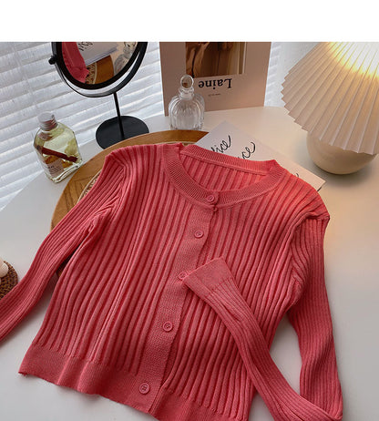 Korean version thin long sleeve round neck versatile thread solid color knitted cardigan  6550