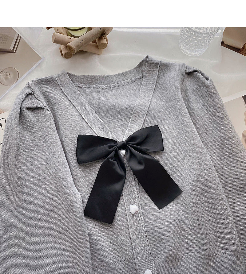 Vintage bow V-Neck Sweater slim long sleeve top  6688