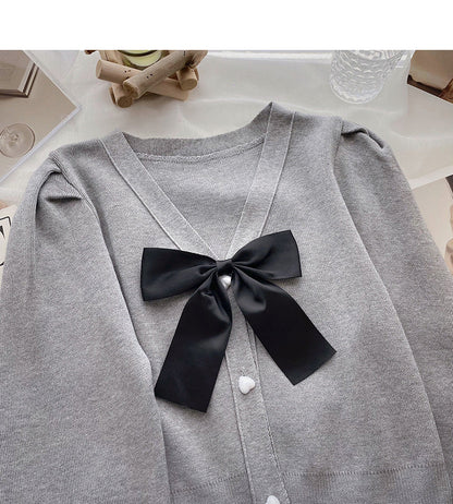 Vintage bow V-Neck Sweater slim long sleeve top  6688