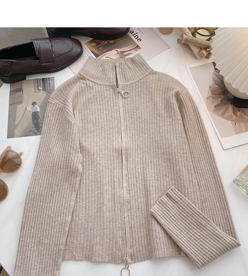 Slim fit short slim design zipper stand collar long sleeve top  6672