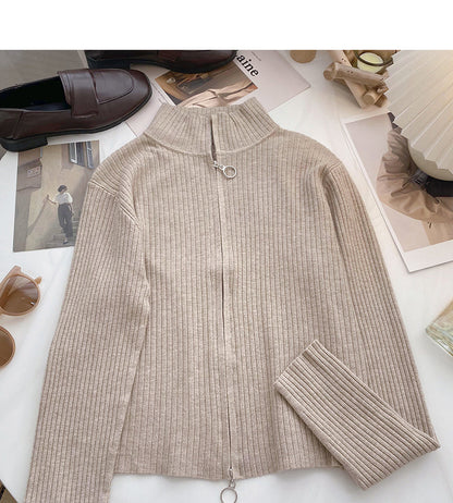 Slim fit short slim design zipper stand collar long sleeve top  6672