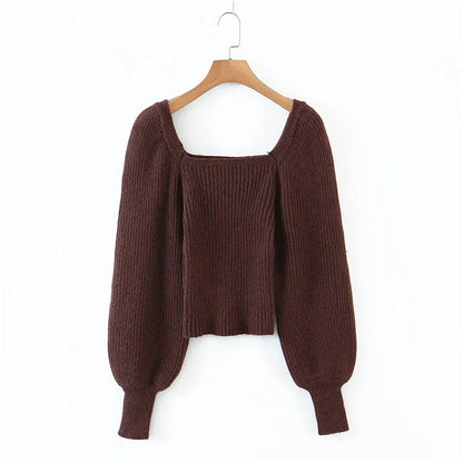 Square neck French collarbone exposed minority Lantern Sleeve Top  7216