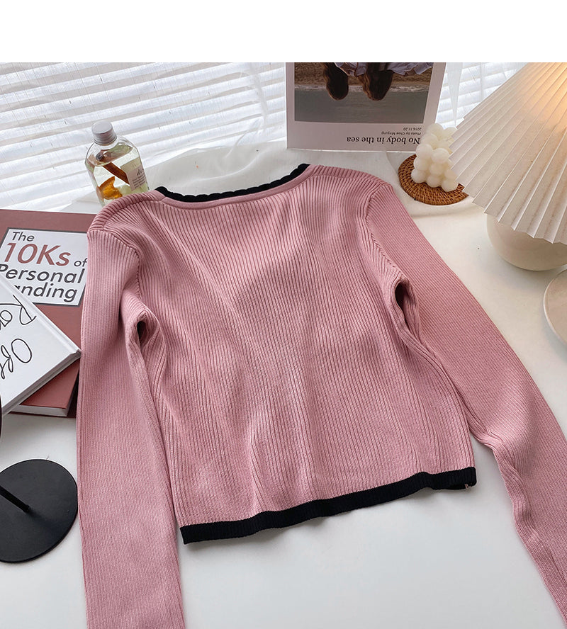 Xiaoxiangfeng V-neck color matching bow knit  6632
