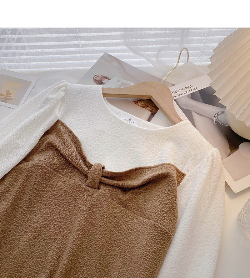 Korean slim fit French retro color blocking short long sleeve shirt  6329