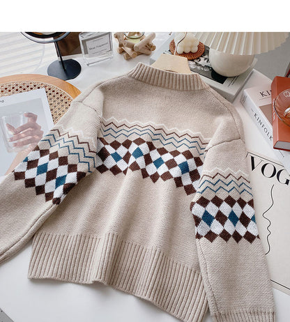 Lazy style retro fashion contrast color long sleeve round neck top  6137