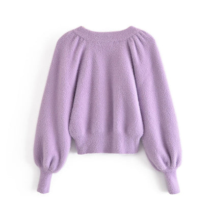 V-neck three button Lantern Sleeve Top Coat women's knitted cardigan  7237