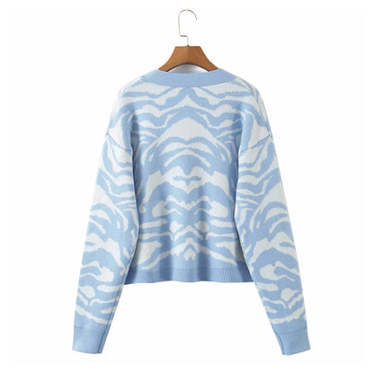 Horse jacquard long sleeve sweater lazy retro V-neck knitted cardigan  7265