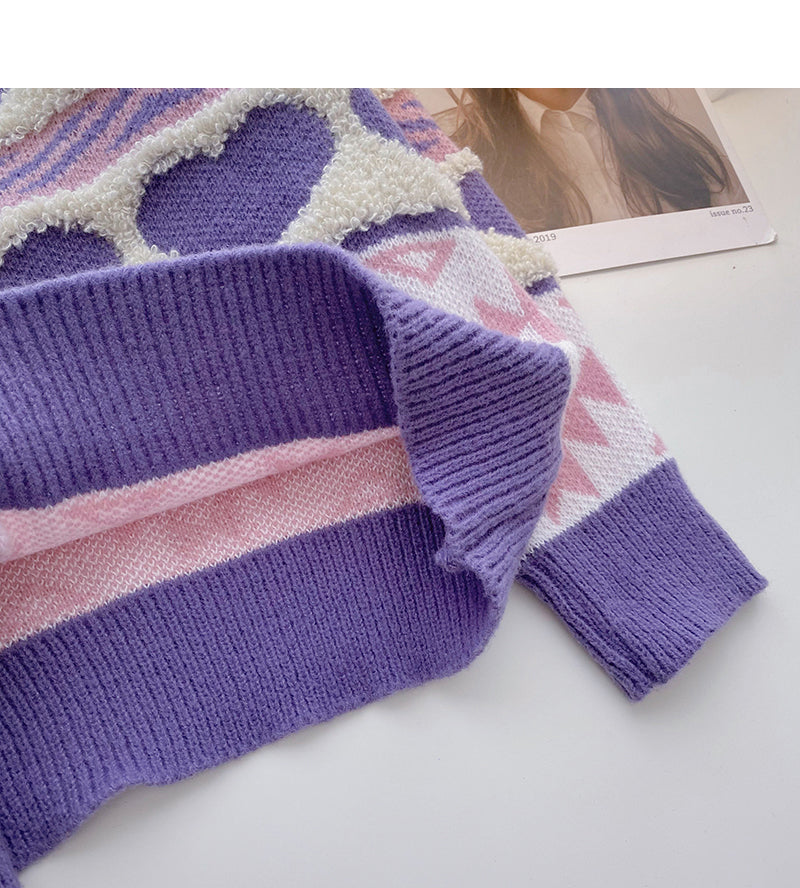 Fleece contrast color love sweater long sleeve Pullover Top  6151