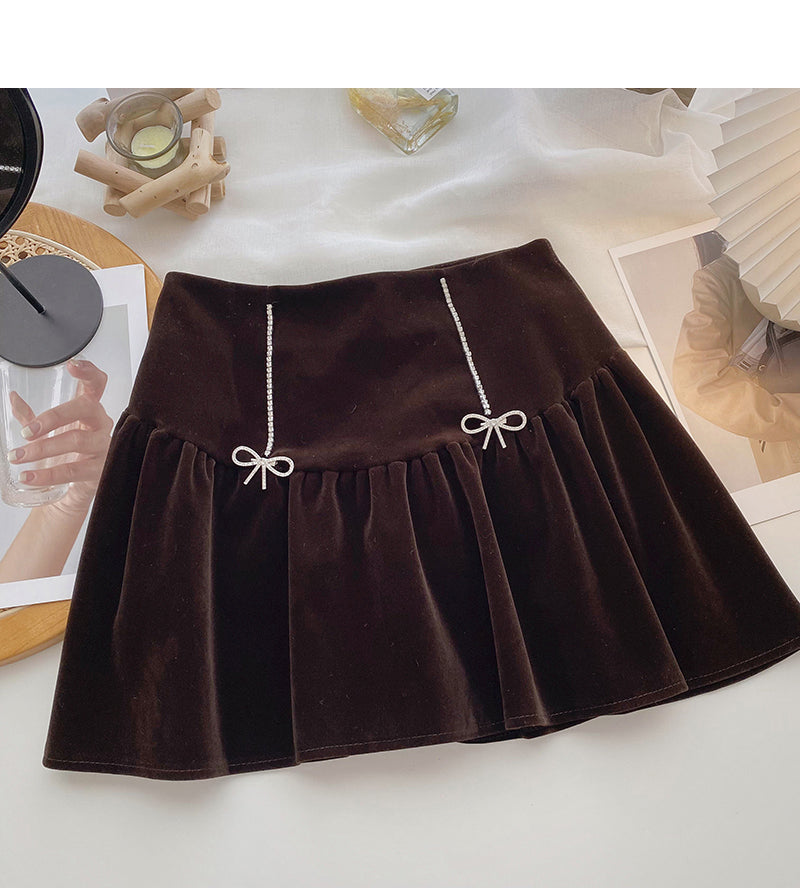 Golden velvet retro diamond studded bow high waist A-line umbrella skirt  5612
