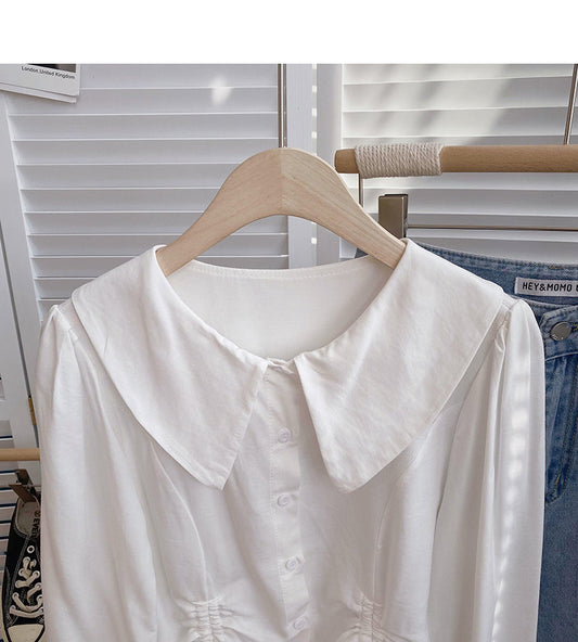 Baby collar single breasted shirt drawstring short slim top  6376