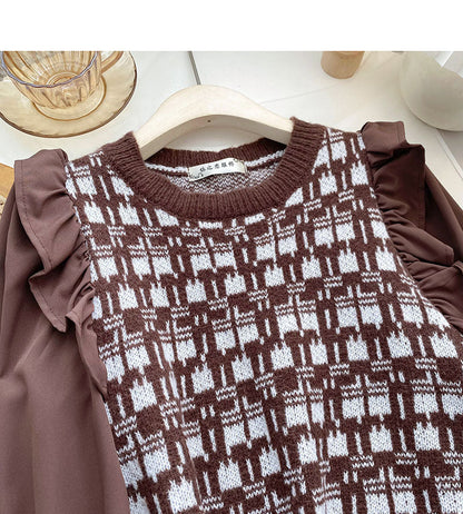 Knitwear Vintage fungus edge long sleeve stitching top  6515
