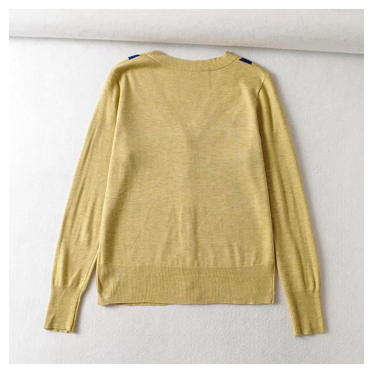 V-neck rhombic jacquard loose thin knit cardigan top  7443