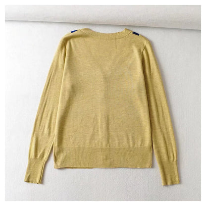 V-neck rhombic jacquard loose thin knit cardigan top  7443