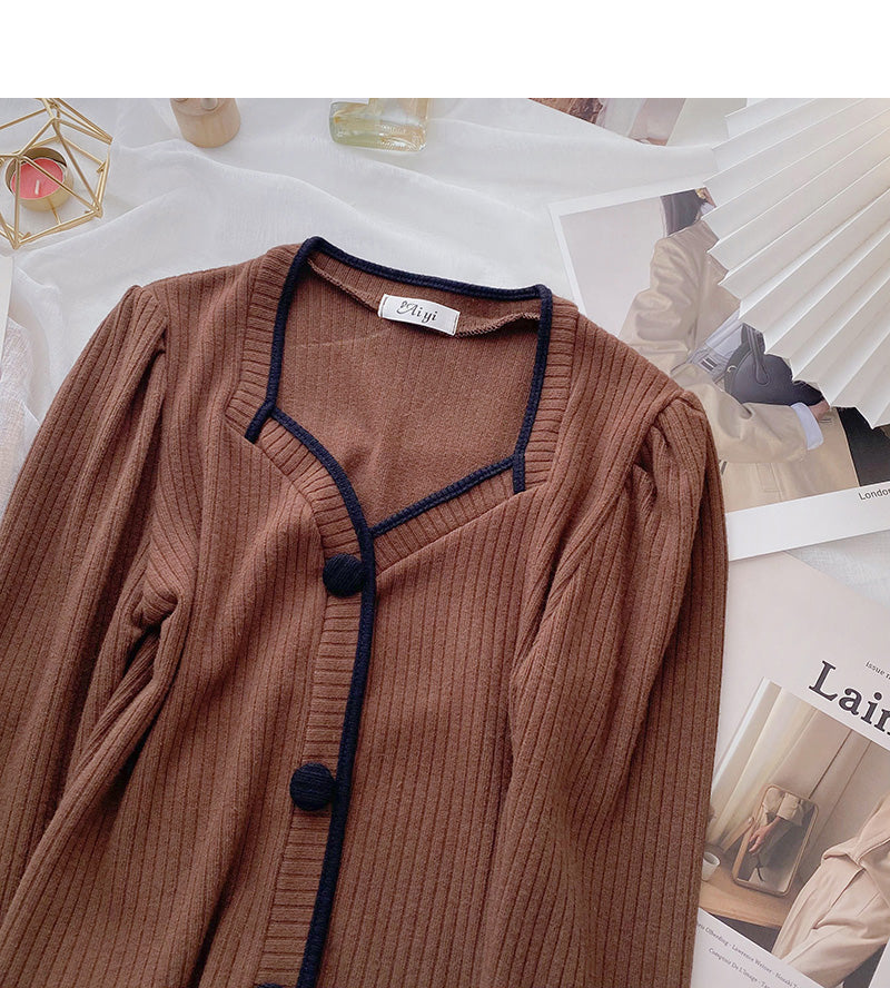 French small square neck sweater long sleeve color matching top  6695