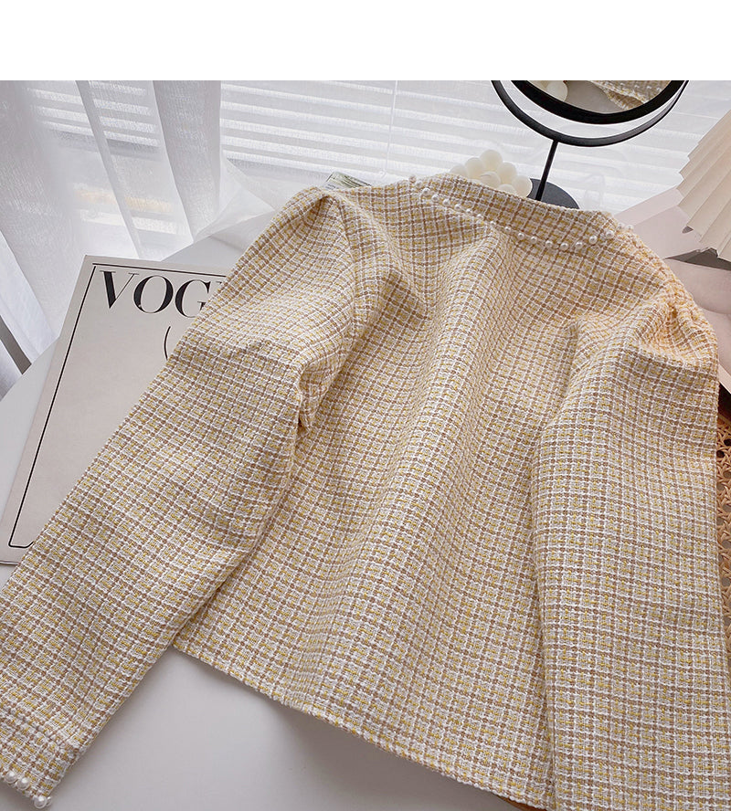 Vintage pearl button long sleeve plaid coat  6215