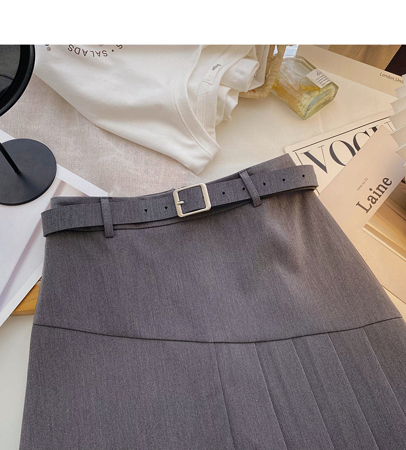Korean version of student aging design pure color high waist A-line skirt  5658