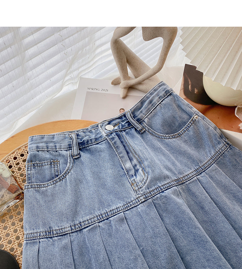 Denim high waist A-line pleated skirt shows thin skirt  5623