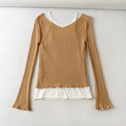 Design sense versatile fake two off shoulder contrast slim fit knitwear  7386