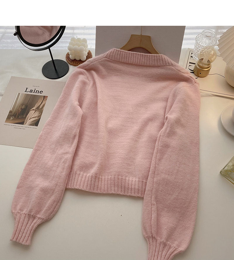 Korean minority three-dimensional decorative V-Neck long sleeve top  5886