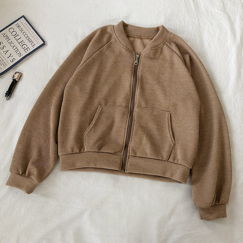 Solid color loose short stand collar zipper coat women  6211