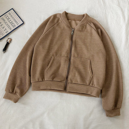 Solid color loose short stand collar zipper coat women  6211