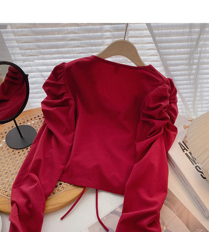 Drawstring pleated long sleeve shirt shows thin temperament top  6421