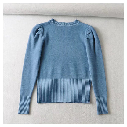 Round neck bubble sleeve elastic slim knit sweater  7444