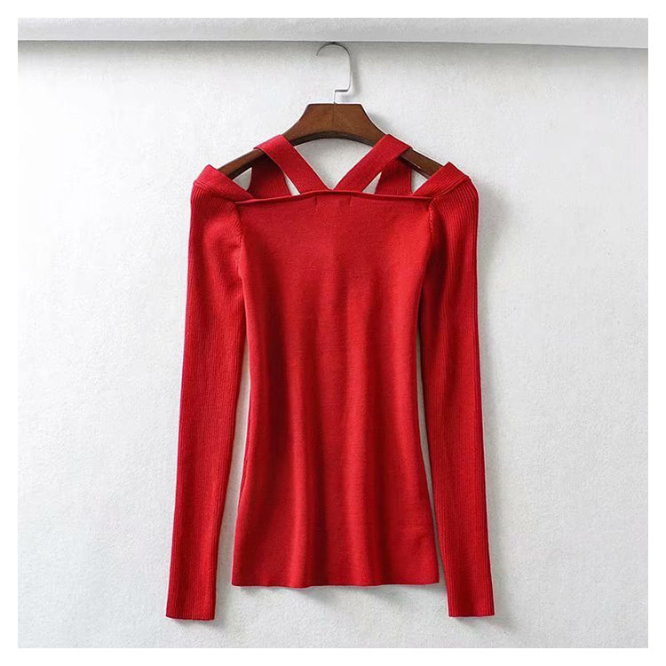 Versatile leaky shoulder V Neck Long Sleeve Sweater Cardigan top  7273